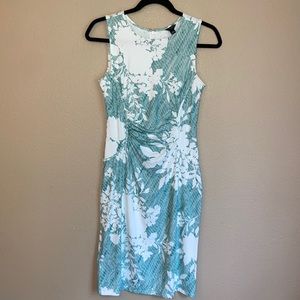 ANN TAYLOR Size 0 Bodycon Sleeveless Midi Sheath Dress Kelly Green Ivory Floral